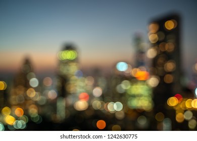 Blurred Bokeh Bangkok City - Aerial View  Beautiful Sunset  Bangkok City Tower Downtown Skyline Of Thailand , City Scape At Night  , Landscape Bangkok Thailand