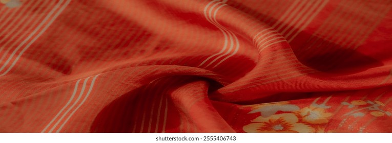 Blurred bright orange fabric adorned with horizontal white stripes and soft floral patterns, highlighting a refined textile texture for creative backgrounds. - Powered by Shutterstock