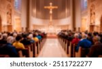 Blurred church interior focusing on the altar with a large cross, surrounded by seated congregation during a religious service