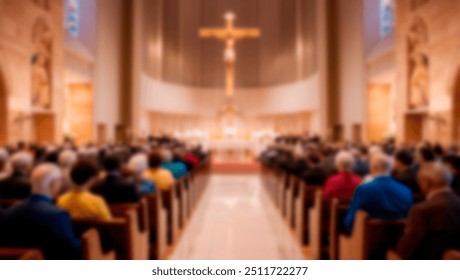 Blurred church interior focusing on the altar with a large cross, surrounded by seated congregation during a religious service - Powered by Shutterstock