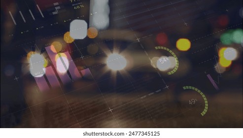 Blurred city lights at night with overlaid digital graphs and data visualizations. Bright car headlights and colorful bokeh create dynamic urban background for futuristic data display