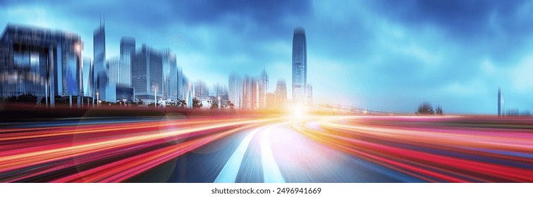 A blurred cityscape of tall buildings with a highway leading into the distance with colorful light trails. - Powered by Shutterstock