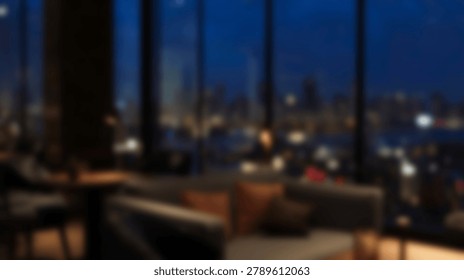 A blurred cityscape view through a window at night, featuring lights and a sense of ambience, creating a captivating visual experience.