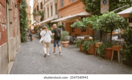 Blurred couple walking through charming cobblestone street in old town rome italy with bokeh effect capturing the outdoor cafe ambiance and historical architecture. - Powered by Shutterstock