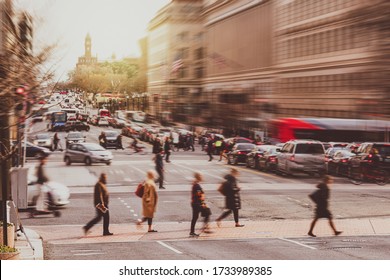 Blurred Crowd Of Pedestrian And Traffic Road In Washington DC In Rush Hour Among Modern Buildings, United States, Blur Business And People Concept