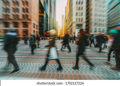 Blurred Crowd Of Unrecognizable Business People Walking On Zebra Crossing In Rush Hour Working Day, Boston, Massachusetts, United States, Blur Business And People, Lifestyle And Leisure Of Pedestrian