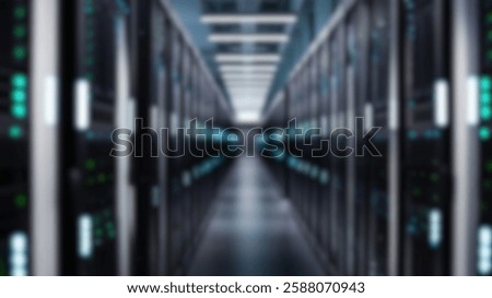Blurred data center aisle with server racks and LED lights; sleek cloud infrastructure backdrop for AI, hosting, security.