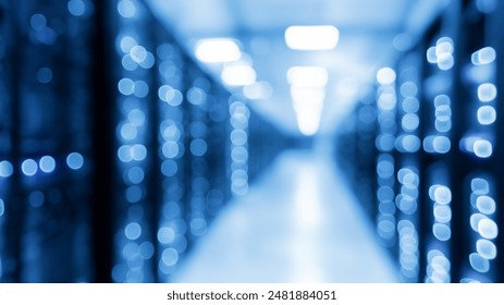 Blurred Data Center Corridor with Bokeh Lights in Blue