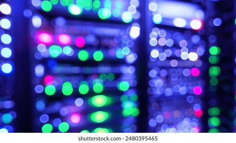 Blurred Data Center with Green and Pink Bokeh Lights - Powered by Shutterstock