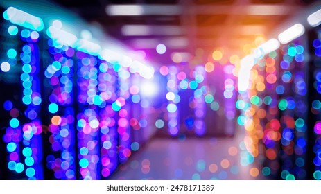Blurred Data Center with Vibrant Multi-Colored Bokeh Lights