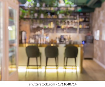 Blurred Different Beverages On Bar Counter In Modern Cafe, Online Bar, No People, Copy Space