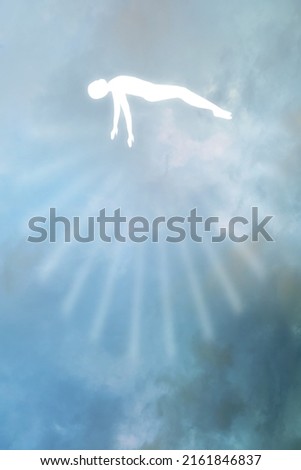 blurred dramatic background light sky, immortal soul of deceased ascends to heaven, disembodied ghost of person, white silhouette in heavenly light, postmortal transition, concept dream, ascension
