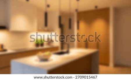 Blurred Elegance Modern Kitchen Glows with Warm Light and Sleek Design.
