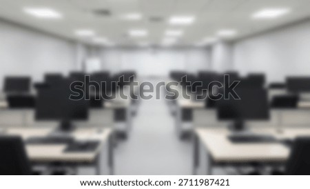 Blurred Empty Computer Lab Back to School with New Technology Concept.
