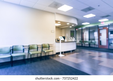 Blurred Empty Lobby/front Desk Area Of Clinical Laboratory Services Office. Kiosk Tablet For Customer Check-in On Upon Arrival. Test Center For Diagnostic Testing, Medical, Healthcare Concept. Vintage