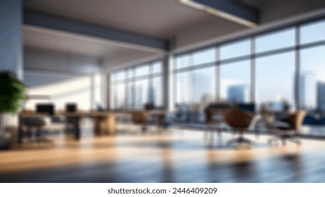 Blurred empty open space office. Abstract light bokeh at office interior background for design.