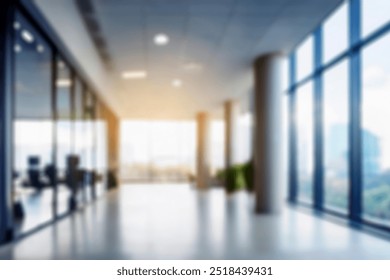 Blurred empty open space office. Abstract light bokeh at office interior background