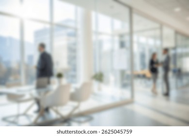 Blurred empty open space office. Abstract light bokeh at office interior background for design.