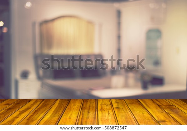 Blurred Event People Background Wooden Table Stock Photo