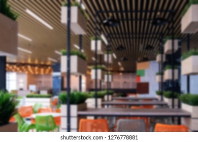 Blurred Food Court In Shopping Mall Background. Abstract Food Interior In A Cafe, Airport Or Fast Food Family Restaurant Without People.