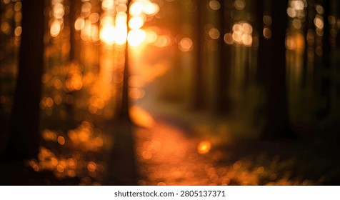 A blurred forest path bathed in the warm glow of golden hour sunlight, with rays filtering through the trees.