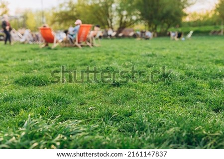 Blurred garden with lighting sunset. Close up view of a lawn level. Green grass natural background. summertime season. selective focus. Public park with people. Field For mock up