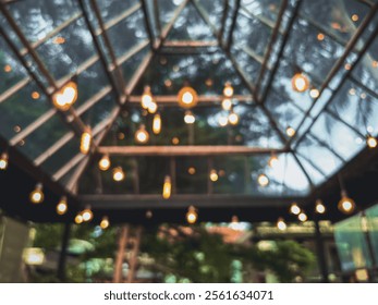 Blurred geometric glass ceiling with warm hanging lights and insects in motion. - Powered by Shutterstock