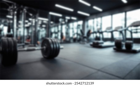 blurred gym background, sports fitness room with treadmills and exercise equipment in defocus, and text copy space