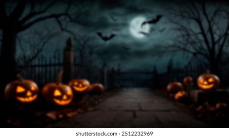 A blurred Halloween night scene with glowing jack-o'-lanterns, bats flying under a full moon, and an eerie graveyard in the background - Powered by Shutterstock