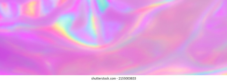 Blurred Holography Abstract Background In Blue Pink Colors. Banner. Holographic Colour Wrinkled Pearlescent Foil. Holographic Iridescent Rainbow Fabric Abstract Background.