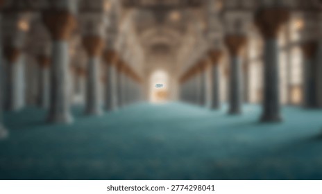 A blurred image of an architectural interior featuring numerous columns and soft lighting, likely within a mosque or similar religious structure. The perspective draws the eye towards a central light source.