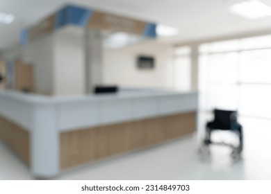 Blurred image background of corridor in hospital or clinic, counter of medical staff and empty wheelchair near front of the examination room, nobody in image - Shutterstock ID 2314849703