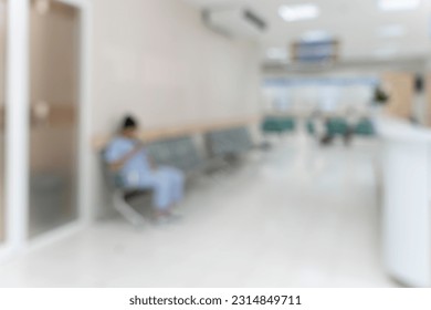 Blurred image background of corridor in hospital or clinic, man sitting in front of the examination room near counter of medical staff - Shutterstock ID 2314849711