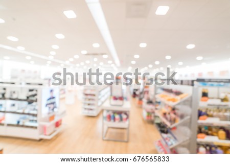 Blurred image a beauty stores with variety of prestige & mass cosmetics, makeup, fragrance, skincare, bath & body, hair care tools & salon, nails,  tools & brushes products on display in Texas, US.