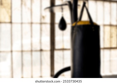 Blurred image of a boxing gym with a punching bag and speed bag. Boxing equipment, punching bag, and speed bag in a gym setting. Boxing and gym ambiance.  - Powered by Shutterstock