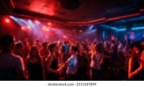 Blurred image of a busy nightclub dance floor, illuminated by vibrant neon lighting. The crowd dances, creating an energetic and dynamic atmosphere - Powered by Shutterstock