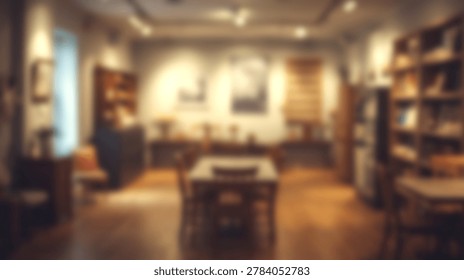 A blurred image of a cafe interior featuring tables, chairs, and shelves filled with items, creating a warm and inviting atmosphere.