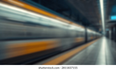 A blurred image captures the dynamic movement of a fast train as it pulls into a contemporary station, highlighting speed and urban transit.