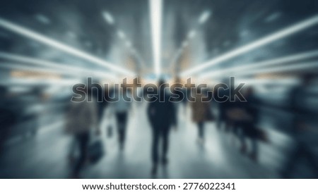 A blurred image captures the movement of commuters walking through a modern transportation hub, showcasing the energy of urban life and travel. The image highlights the flow of people.
