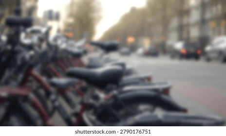 A blurred image captures a row of parked bicycles along a city street, with trees and cars in the background, creating a sense of urban life.