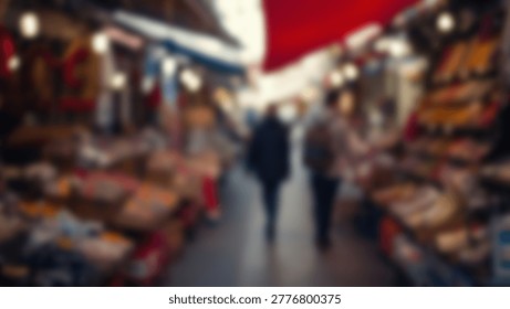 A blurred image capturing the essence of a bustling marketplace, featuring shoppers, stalls, and a vibrant atmosphere. The image conveys the energy and activity of a crowded shopping area.