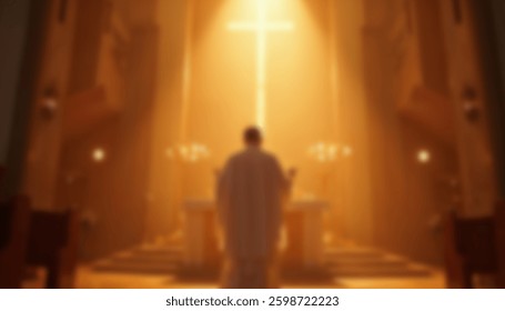 A blurred image capturing the rear view of a priest conducting a religious service in an illuminated church interior with a large glowing cross.