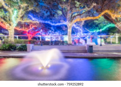 Blurred Image Christmas And New Year Celebration Lighting In Houston, Texas, USA. Xmas Decoration Abstract Background.