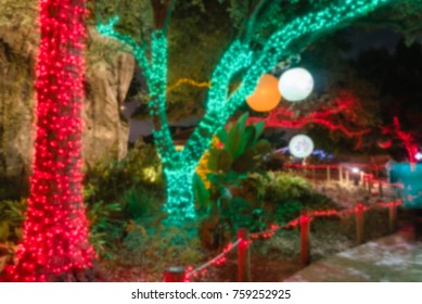 Blurred Image Christmas And New Year Celebration Lighting In Houston, Texas, USA. Xmas Decoration Abstract Background.