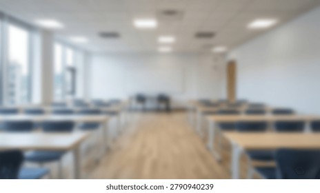 A blurred image of a classroom interior, featuring rows of desks and chairs, suggesting a learning environment. The image conveys a sense of anticipation and readiness for students and teachers.