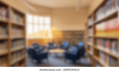 Blurred image of a cozy classroom or school library with natural light and bookshelves, ideal for design in educational content or back-to-school campaigns.
