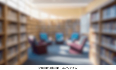 Blurred image of a cozy classroom or school library with natural light and bookshelves, ideal for design in educational content or back-to-school campaigns.