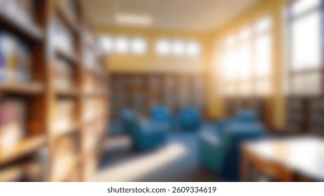 Blurred image of a cozy classroom or school library with natural light and bookshelves, ideal for design in educational content or back-to-school campaigns.