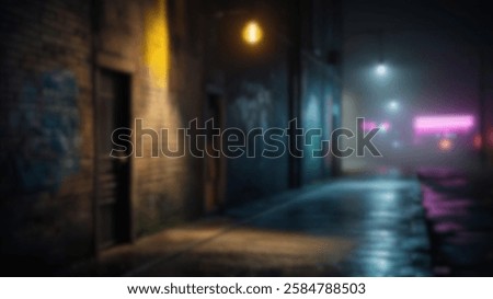 Blurred image of a dark narrow alleyway at night, softly lit by yellow streetlights with misty air. Ideal for background, cinematic urban scenes, and moody visuals.