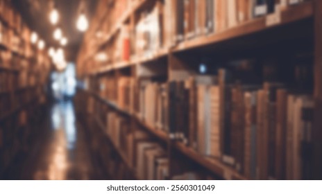 Blurred Image of a dimly lit library aisle with wooden bookshelves and numerous books. - Powered by Shutterstock